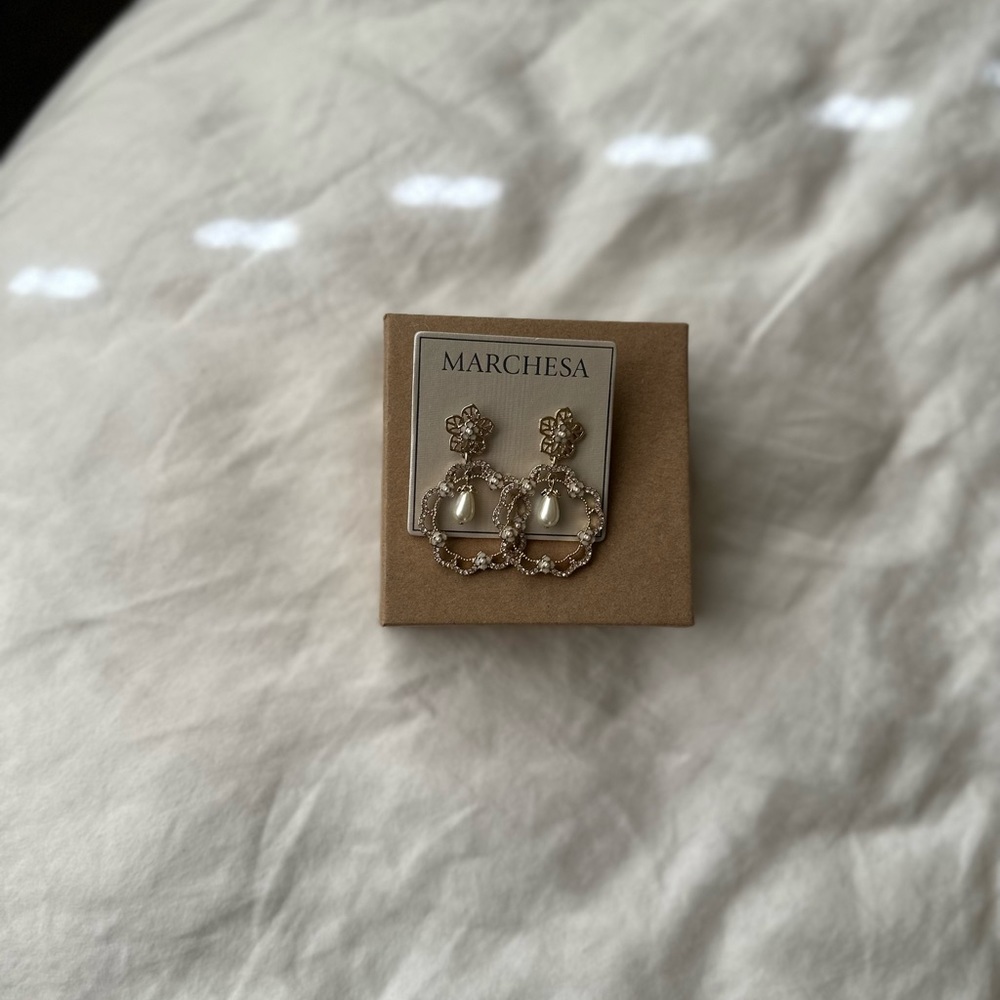 GoldTone Mother of Pearl, Imitation Pearl & Crystal Flower Orbital Drop Earrings - Picture 5 of 6